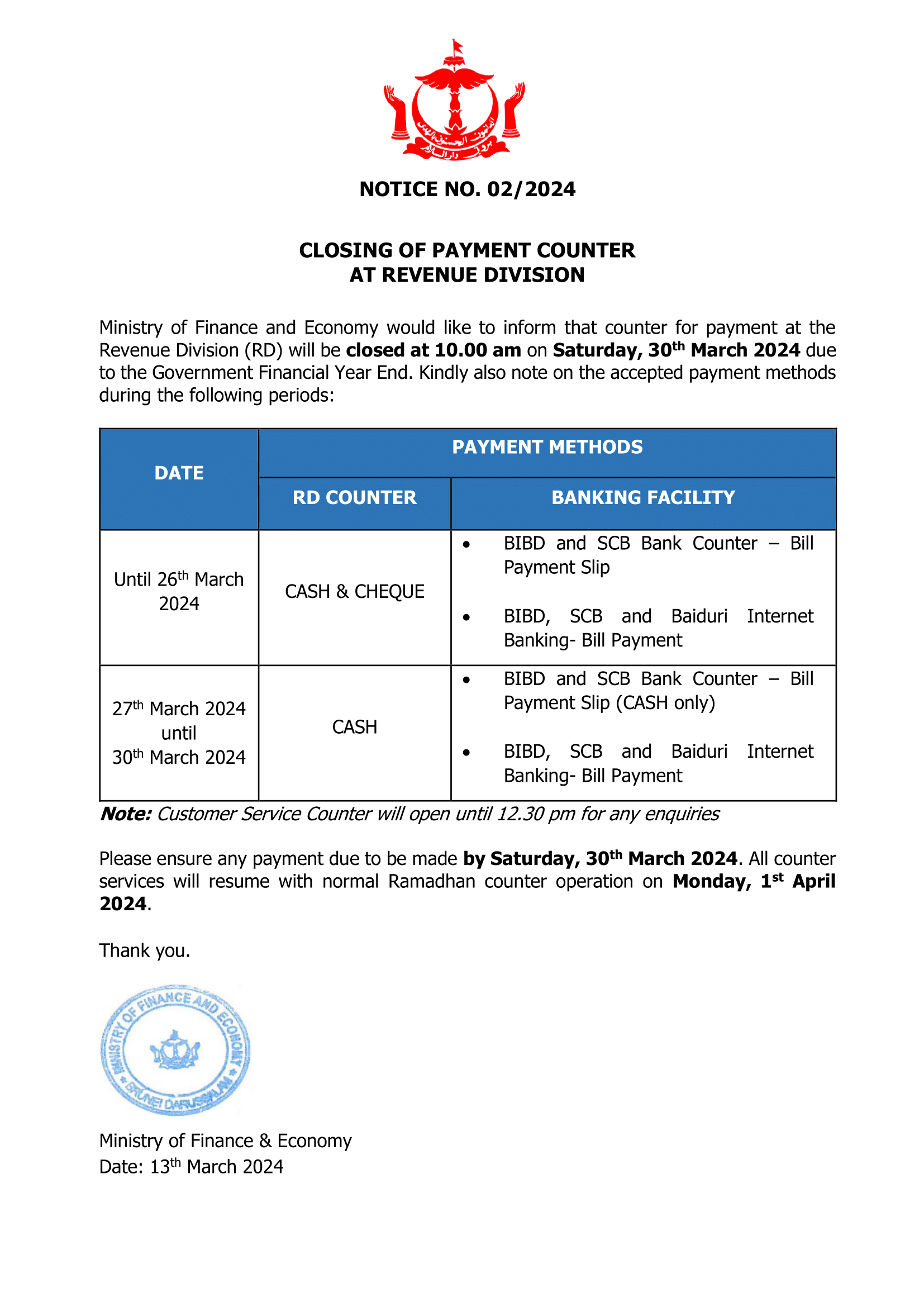 Closing of Payment Counter at Revenue Division Notice